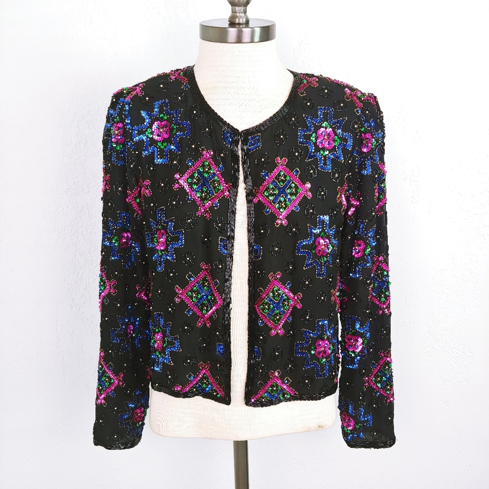 Vintage Stenay 100% Silk Black Sequin Jacket